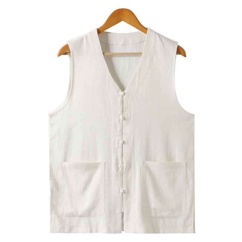 Buddha Stones Camiseta sin mangas de estilo veraniego Tang, informal, con botones de rana y cuello en V, para hombre, con bolsillos. - Blanco - US/UK/AU46, EU56 (5XL) - image 11