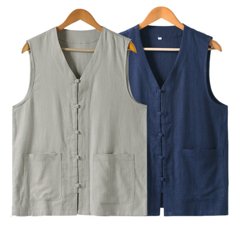 Buddha Stones Camiseta sin mangas de estilo veraniego Tang, informal, con botones de rana y cuello en V, para hombre, con bolsillos. - image 12