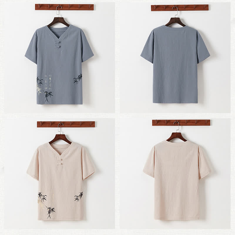 Buddha Stones Conjunto de 2 piezas: Camisa y pantalón de manga corta de algodón y lino con estampado de bambú y botones de estilo Tang, ideales para el verano. También disponible como prenda de meditación para hombre con bolsillos. - image 21