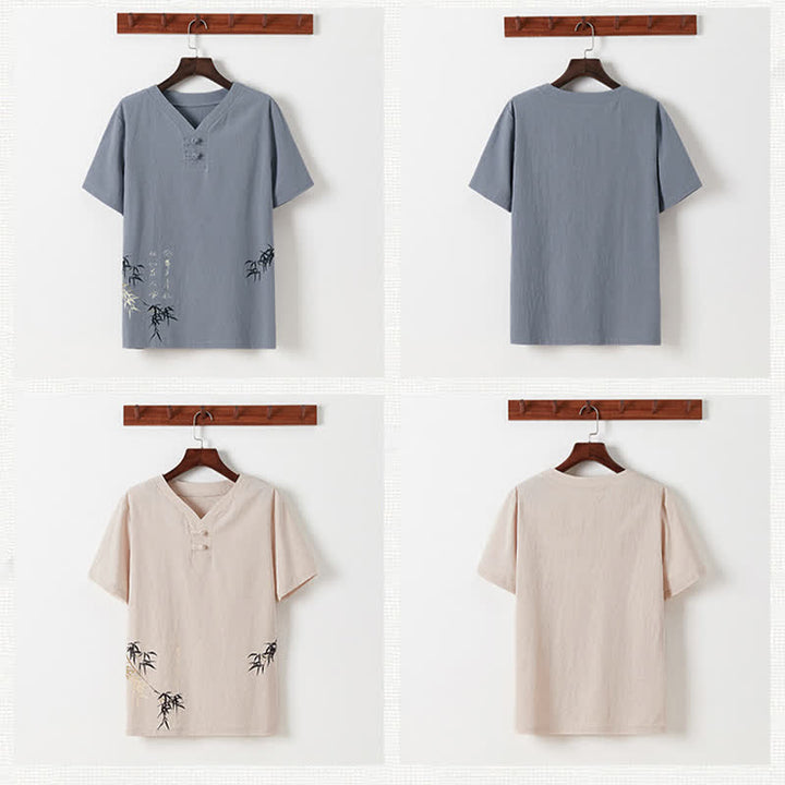 Buddha Stones Conjunto de 2 piezas: Camisa y pantalón de manga corta de algodón y lino con estampado de bambú y botones de estilo Tang, ideales para el verano. También disponible como prenda de meditación para hombre con bolsillos. - image 21