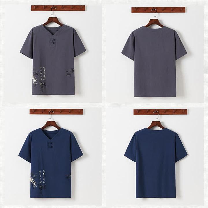 Buddha Stones Conjunto de 2 piezas: Camisa y pantalón de manga corta de algodón y lino con estampado de bambú y botones de estilo Tang, ideales para el verano. También disponible como prenda de meditación para hombre con bolsillos. - image 23