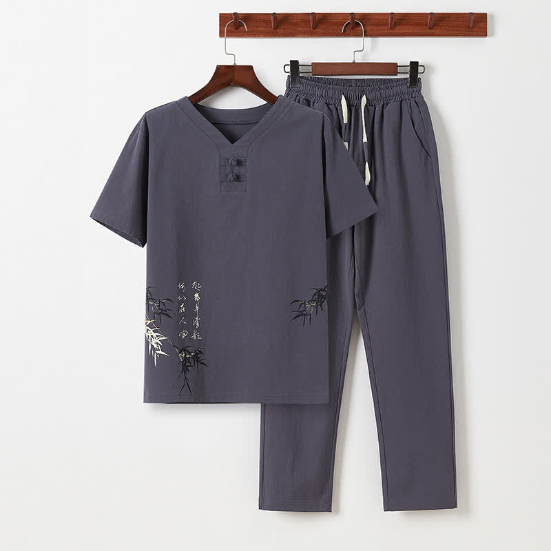 Buddha Stones Conjunto de 2 piezas: Camisa y pantalón de manga corta de algodón y lino con estampado de bambú y botones de estilo Tang, ideales para el verano. También disponible como prenda de meditación para hombre con bolsillos. - Gris oscuro - US/UK/AU46, EU56 (5XL) - image 17