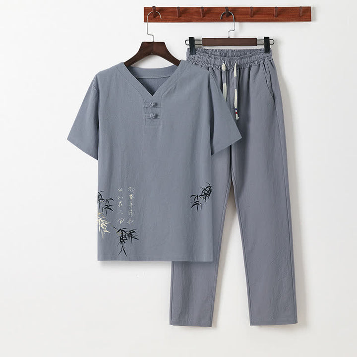 Buddha Stones Conjunto de 2 piezas: Camisa y pantalón de manga corta de algodón y lino con estampado de bambú y botones de estilo Tang, ideales para el verano. También disponible como prenda de meditación para hombre con bolsillos. - Gainsboro - US/UK/AU46, EU56 (5XL) - image 0
