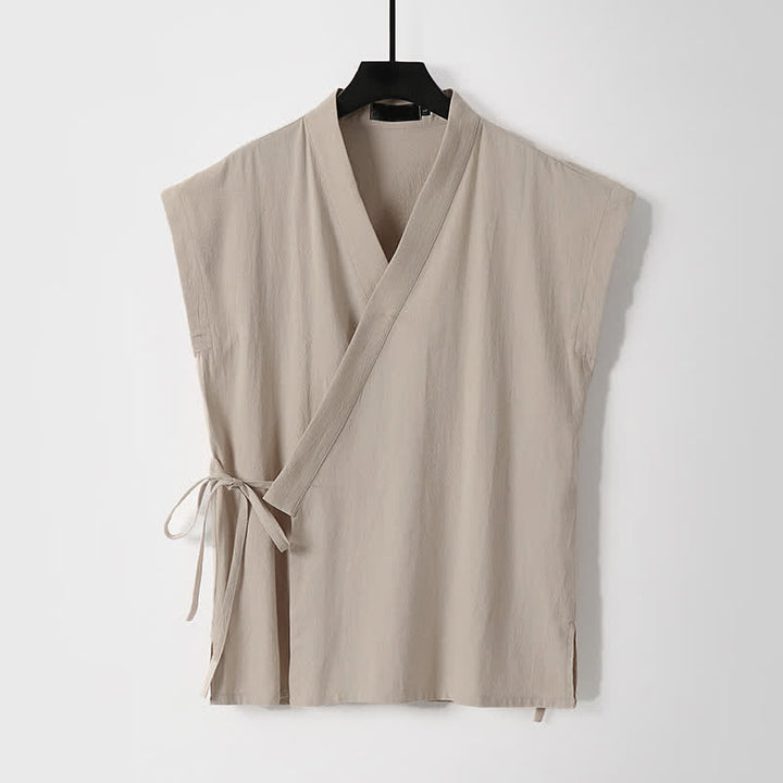 Buddha Stones 2 piezas de camisas de manga corta de algodón y lino con cordón ajustable estilo Tang para meditación de verano, pantalones cortos para hombre con bolsillos. - image 10