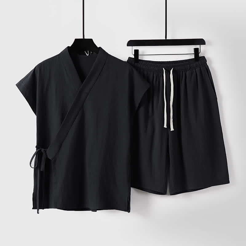 Buddha Stones 2 piezas de camisas de manga corta de algodón y lino con cordón ajustable estilo Tang para meditación de verano, pantalones cortos para hombre con bolsillos. - Negro - US/UK/AU54, EU64 (9XL) - image 3