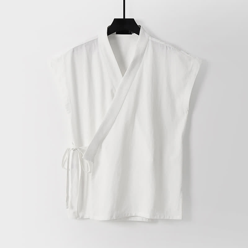 Buddha Stones 2 piezas de camisas de manga corta de algodón y lino con cordón ajustable estilo Tang para meditación de verano, pantalones cortos para hombre con bolsillos. - image 14