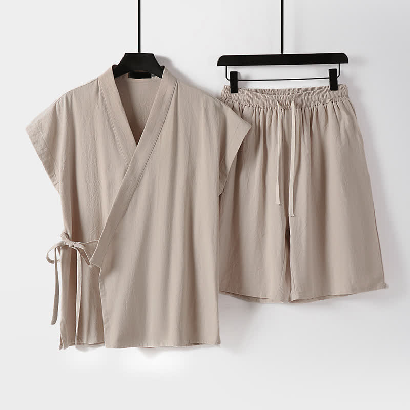 Buddha Stones 2 piezas de camisas de manga corta de algodón y lino con cordón ajustable estilo Tang para meditación de verano, pantalones cortos para hombre con bolsillos. - Sopa de mariscos - US/UK/AU54, EU64 (9XL) - image 9