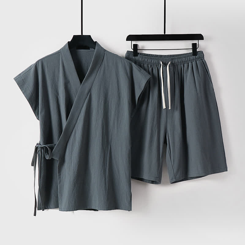 Buddha Stones 2 piezas de camisas de manga corta de algodón y lino con cordón ajustable estilo Tang para meditación de verano, pantalones cortos para hombre con bolsillos. - Gris oscuro - US/UK/AU54, EU64 (9XL) - image 6