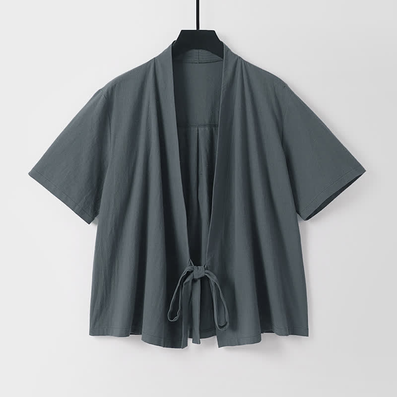 Buddha Stones Kimono de hombre de algodón y lino, estilo casual de verano, minimalista, de manga corta, color liso, con cordones y frente abierto. - image 1