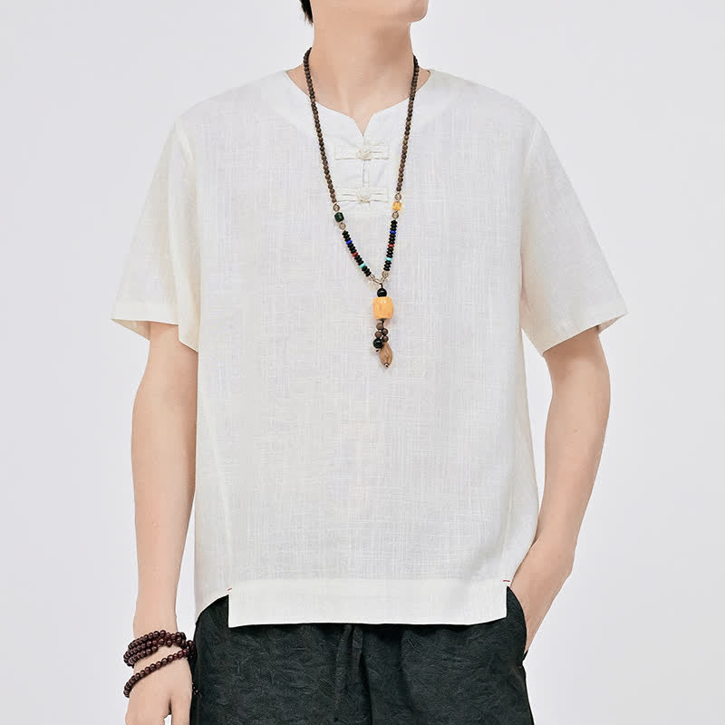 Buddha Stones Camisa de manga corta para hombre, estilo Summer Tang, minimalista, con dos botones de rana y cuello redondo. - Blanco - US/UK/AU46, EU56 (5XL) - image 0