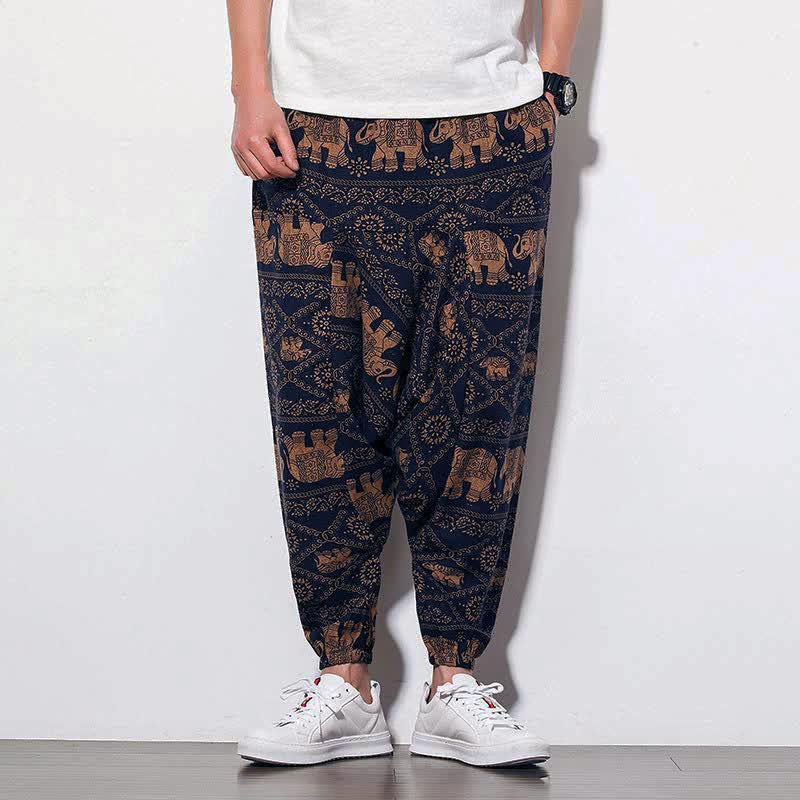 Pantalones largos tipo harem para hombre con estampado de elefante , Buddha Stones , color marrón y negro, con bolsillos. - image 1