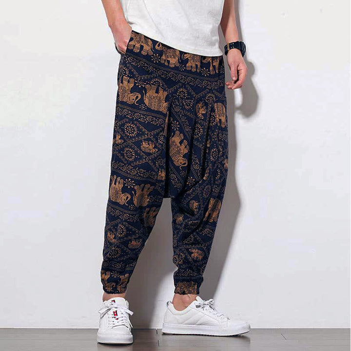 Pantalones largos tipo harem para hombre con estampado de elefante , Buddha Stones , color marrón y negro, con bolsillos. - image 8