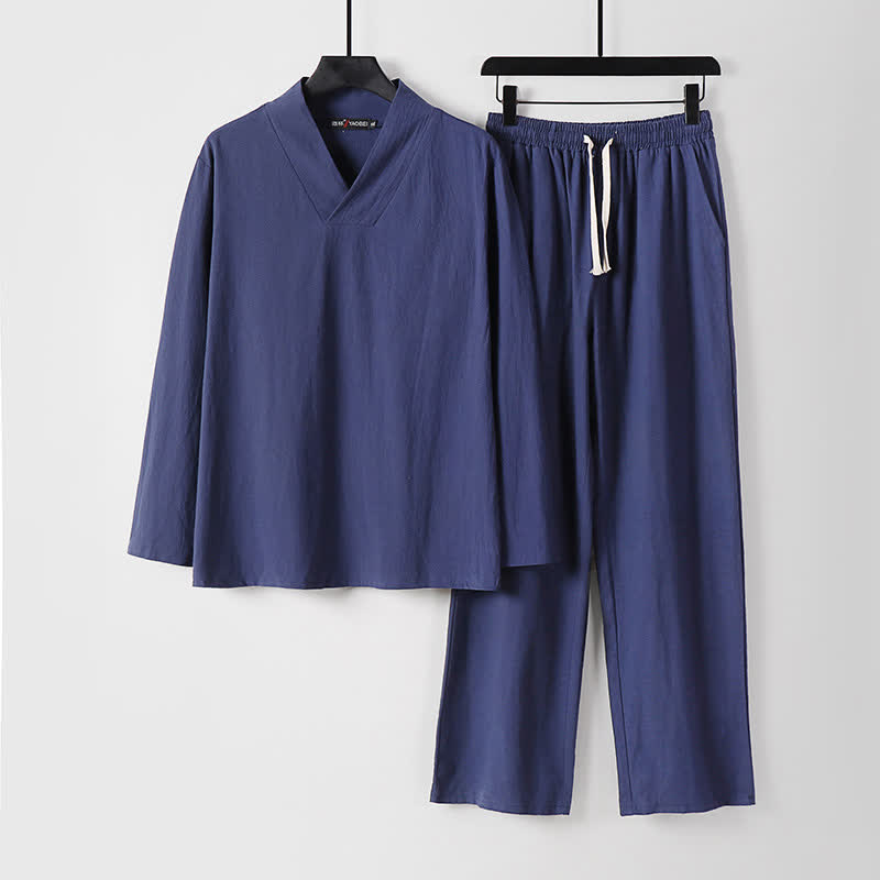 Conjunto de ropa para hombre: Hanfu, top y pantalón, con cuello cruzado y estampado de Buddha Stones. - Azul pizarra oscuro - US/UK/AU54, EU64 (9XL) - image 23