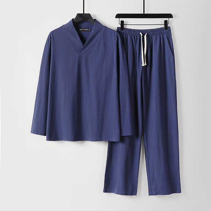 Conjunto de ropa para hombre: Hanfu, top y pantalón, con cuello cruzado y estampado de Buddha Stones. - Azul pizarra oscuro - US/UK/AU54, EU64 (9XL) - image 23