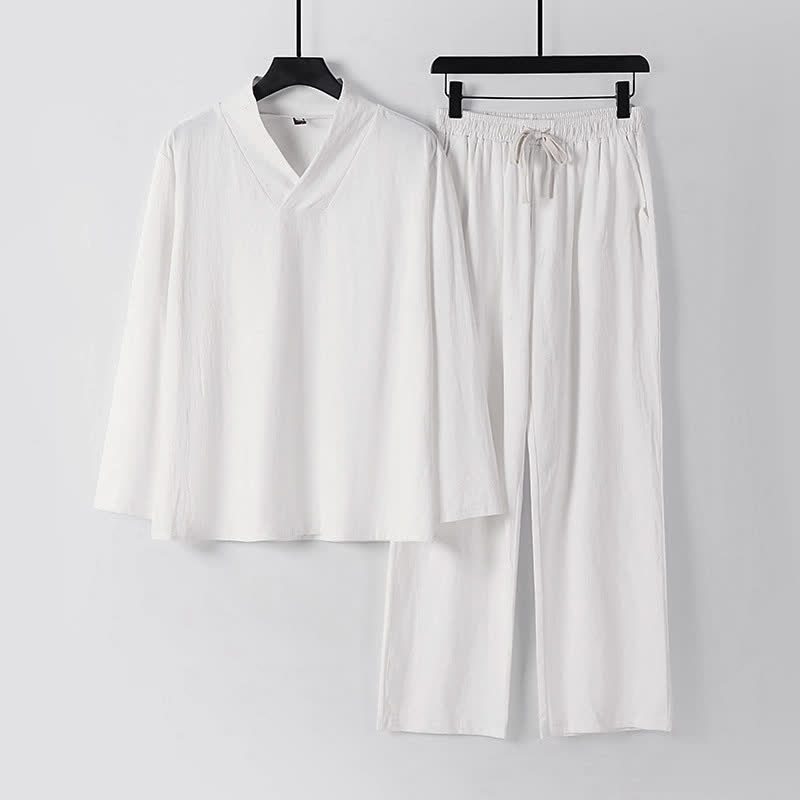 Conjunto de ropa para hombre: Hanfu, top y pantalón, con cuello cruzado y estampado de Buddha Stones. - Blanco - US/UK/AU54, EU64 (9XL) - image 13