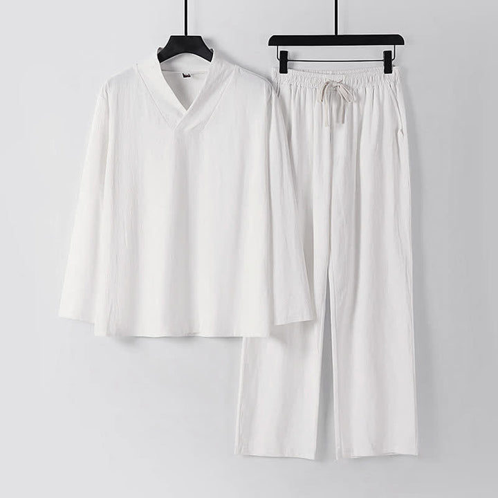 Conjunto de ropa para hombre: Hanfu, top y pantalón, con cuello cruzado y estampado de Buddha Stones. - Blanco - US/UK/AU54, EU64 (9XL) - image 13