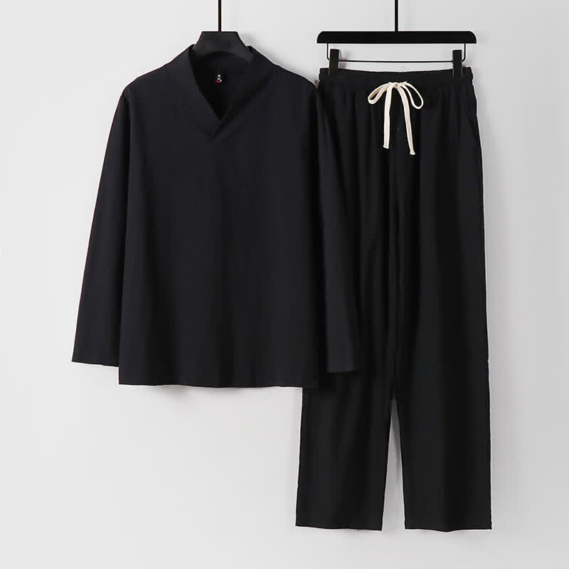 Conjunto de ropa para hombre: Hanfu, top y pantalón, con cuello cruzado y estampado de Buddha Stones. - Negro - US/UK/AU54, EU64 (9XL) - image 3
