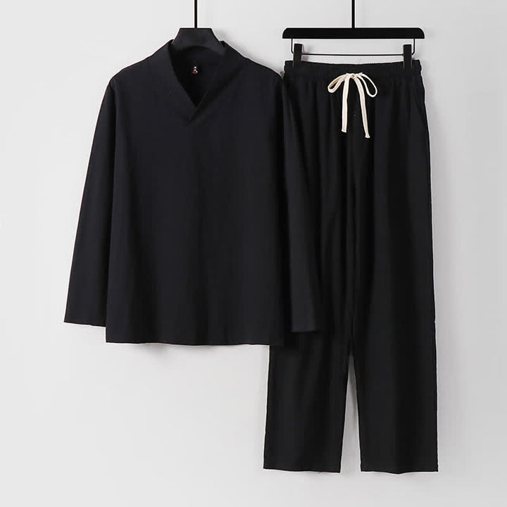 Conjunto de ropa para hombre: Hanfu, top y pantalón, con cuello cruzado y estampado de Buddha Stones. - Negro - US/UK/AU54, EU64 (9XL) - image 3