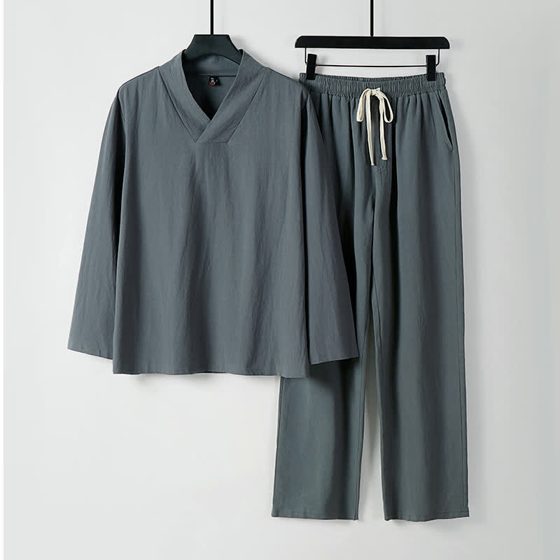 Conjunto de ropa para hombre: Hanfu, top y pantalón, con cuello cruzado y estampado de Buddha Stones. - Gris - US/UK/AU54, EU64 (9XL) - image 0