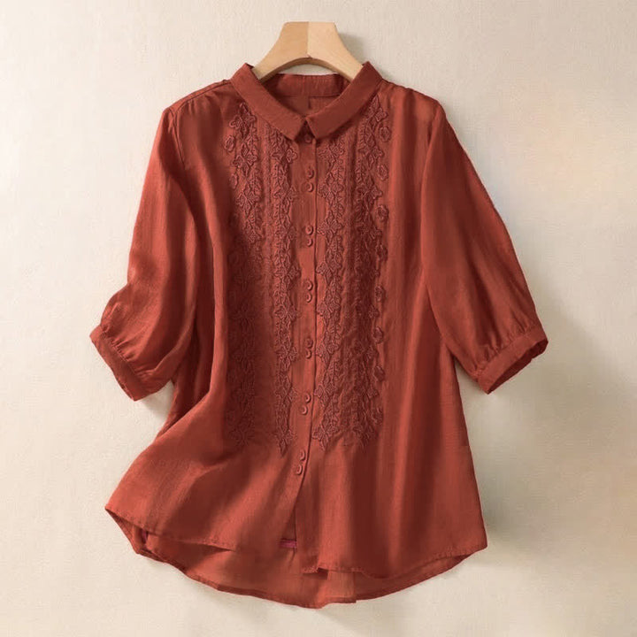 Camisa de mujer de manga tres cuartos con solapa y botones, diseño floral y estampado de Buddha Stones. - Rojo - US8-10，UK/AU12-14，EU40-42 (2XL) - image 19