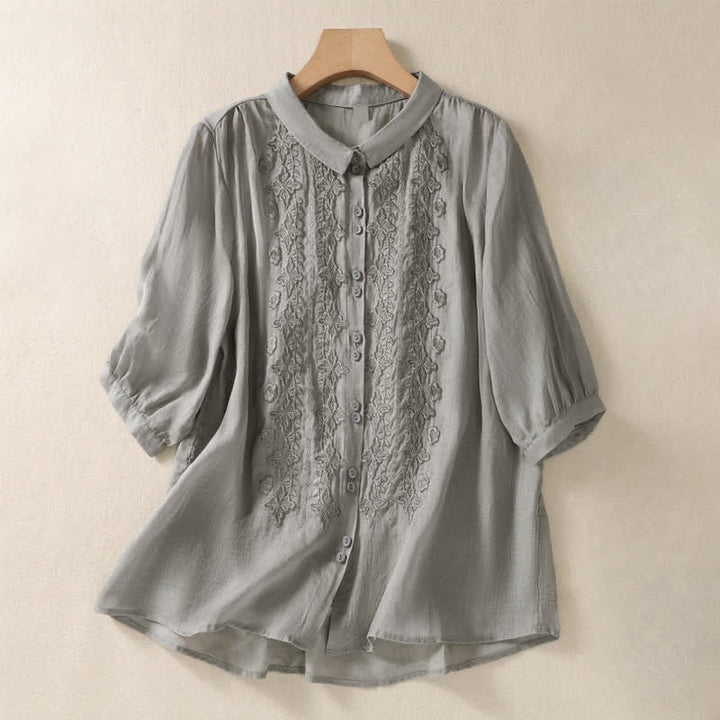 Camisa de mujer de manga tres cuartos con solapa y botones, diseño floral y estampado de Buddha Stones. - Gris oscuro - US8-10，UK/AU12-14，EU40-42 (2XL) - image 13