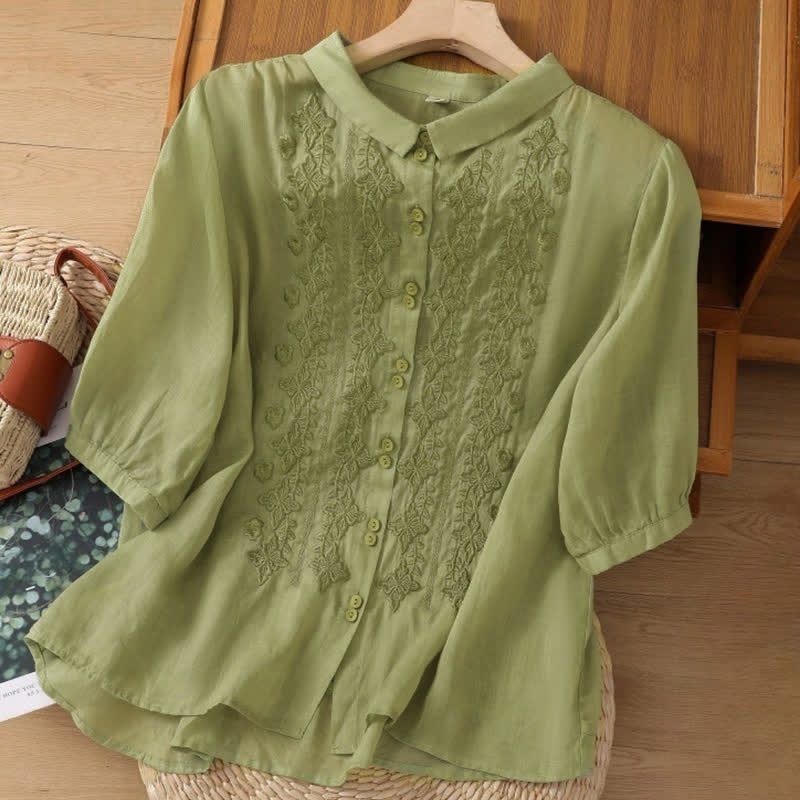 Camisa de mujer de manga tres cuartos con solapa y botones, diseño floral y estampado de Buddha Stones. - image 1