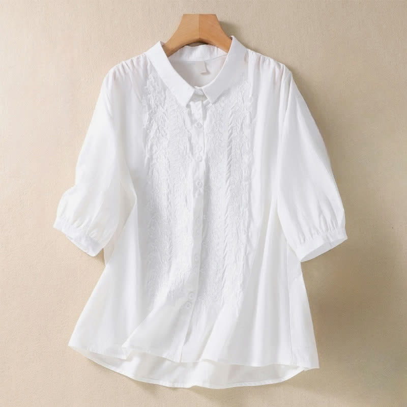 Camisa de mujer de manga tres cuartos con solapa y botones, diseño floral y estampado de Buddha Stones. - Blanco - US8-10，UK/AU12-14，EU40-42 (2XL) - image 5