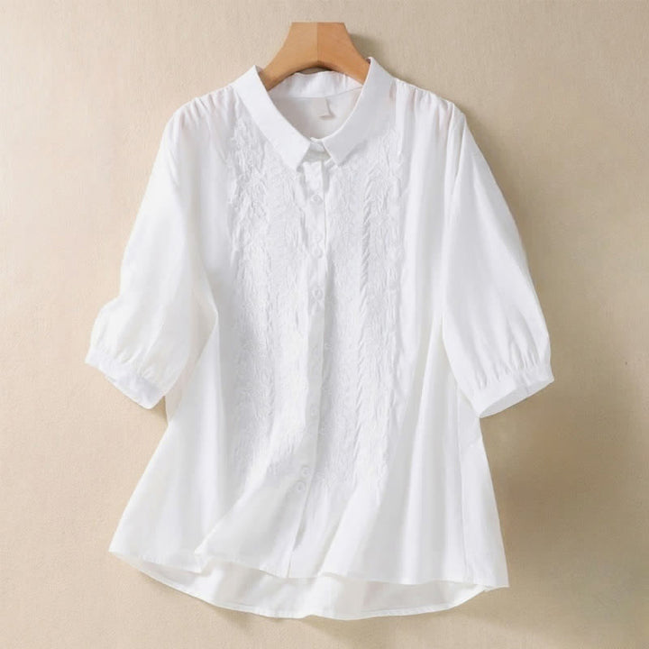 Camisa de mujer de manga tres cuartos con solapa y botones, diseño floral y estampado de Buddha Stones. - Blanco - US8-10，UK/AU12-14，EU40-42 (2XL) - image 5