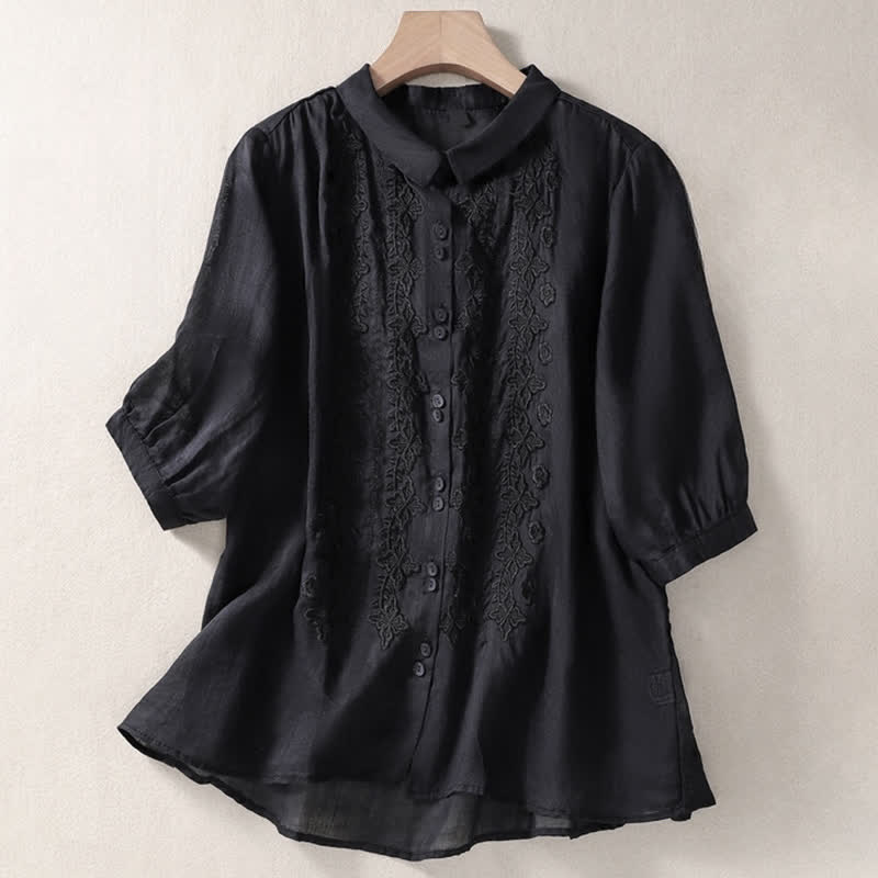Camisa de mujer de manga tres cuartos con solapa y botones, diseño floral y estampado de Buddha Stones. - Negro - US8-10，UK/AU12-14，EU40-42 (2XL) - image 26