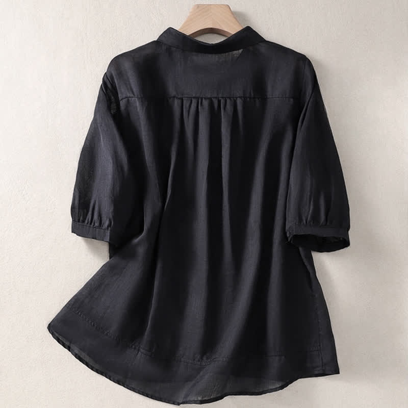 Camisa de mujer de manga tres cuartos con solapa y botones, diseño floral y estampado de Buddha Stones. - image 27