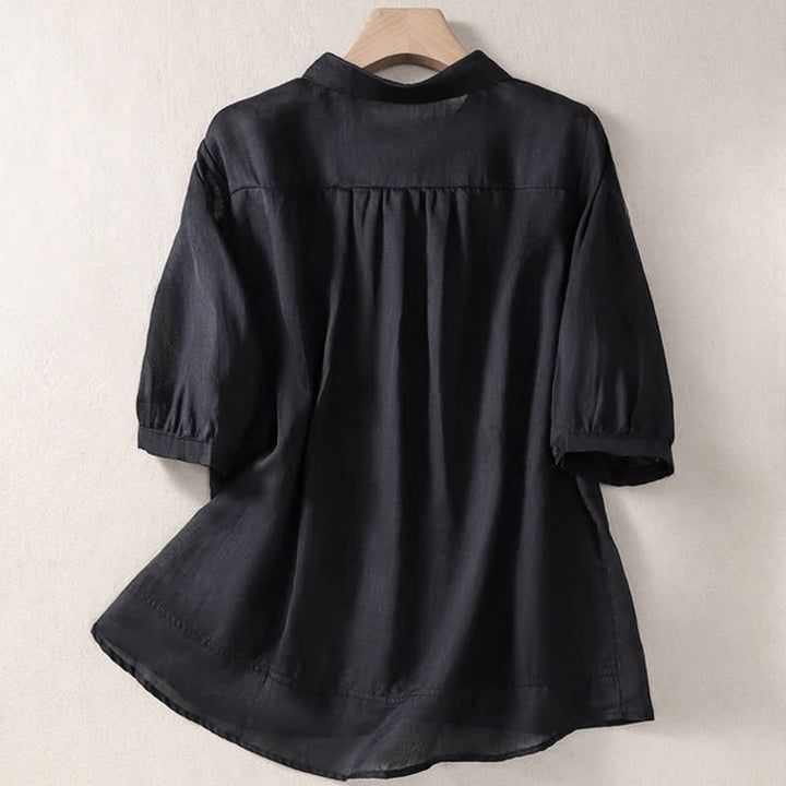 Camisa de mujer de manga tres cuartos con solapa y botones, diseño floral y estampado de Buddha Stones. - image 27