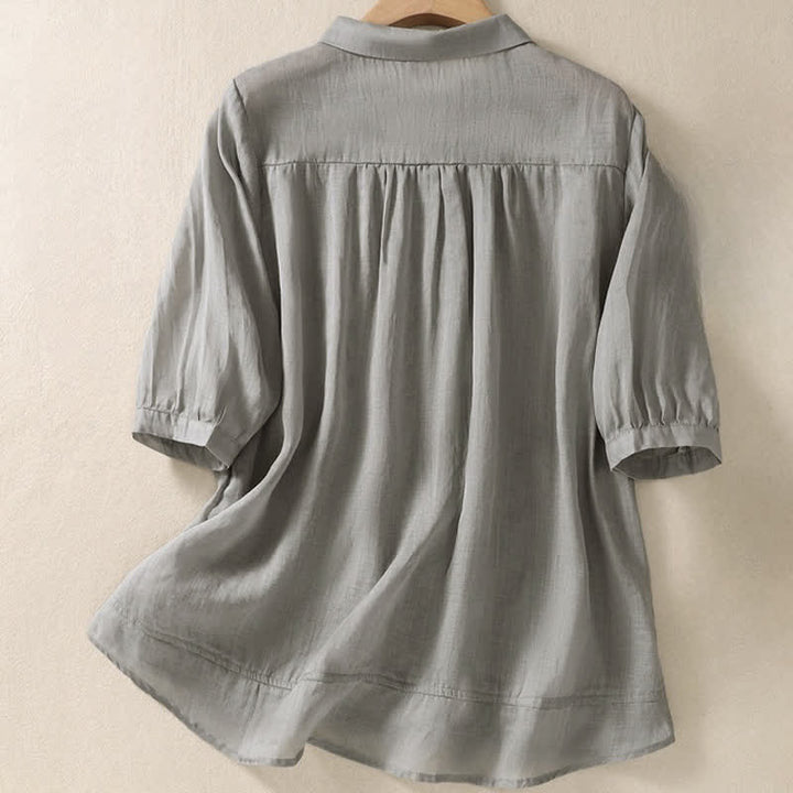 Camisa de mujer de manga tres cuartos con solapa y botones, diseño floral y estampado de Buddha Stones. - image 14