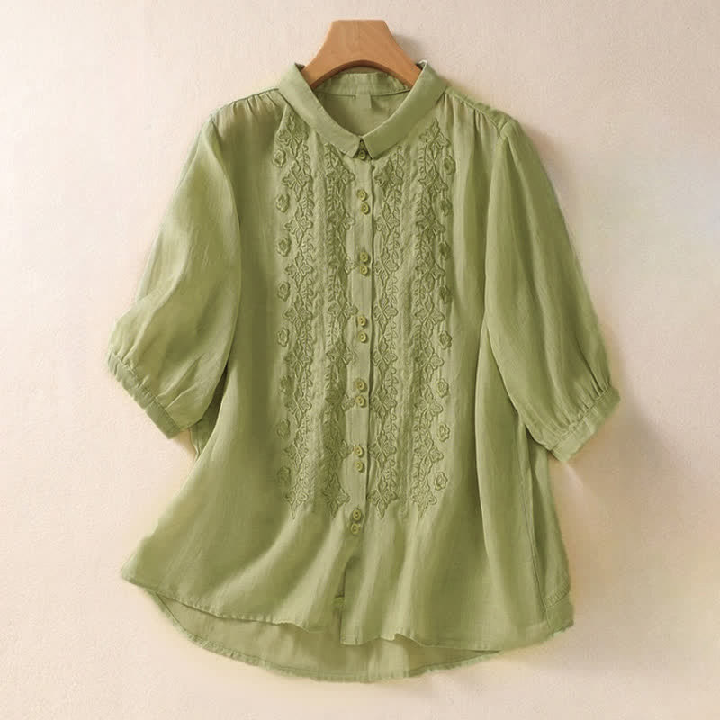Camisa de mujer de manga tres cuartos con solapa y botones, diseño floral y estampado de Buddha Stones. - Verde pálido - US8-10，UK/AU12-14，EU40-42 (2XL) - image 0