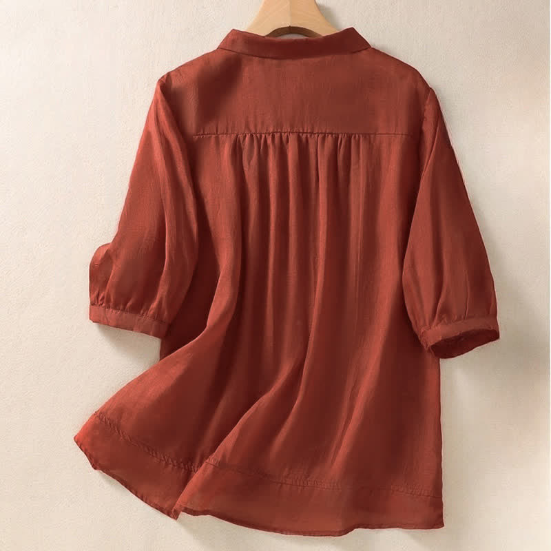 Camisa de mujer de manga tres cuartos con solapa y botones, diseño floral y estampado de Buddha Stones. - image 20