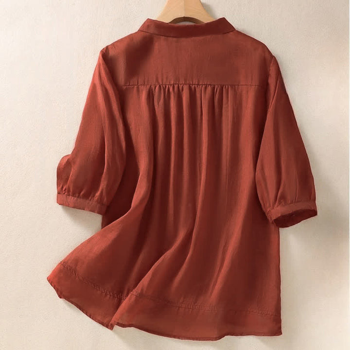 Camisa de mujer de manga tres cuartos con solapa y botones, diseño floral y estampado de Buddha Stones. - image 20