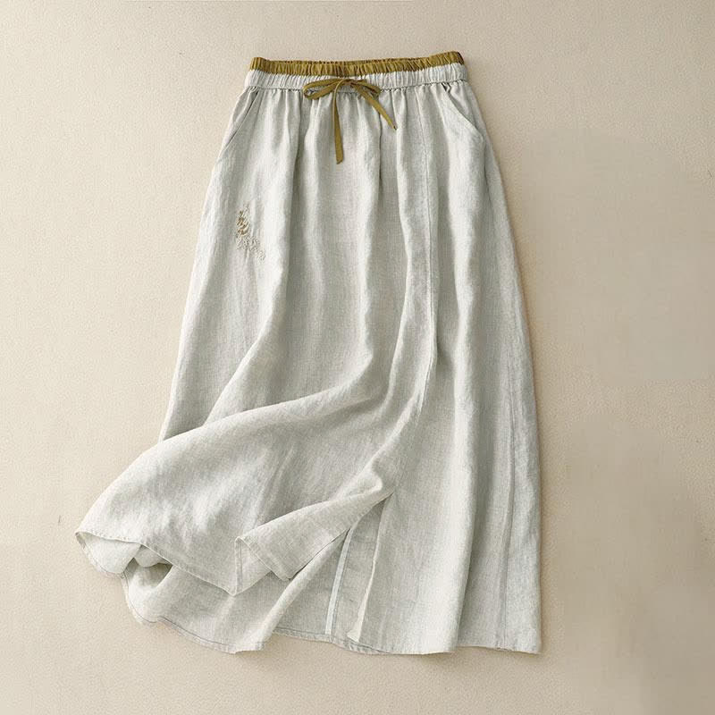 Falda de mujer vintage con bordado de Buddha Stones, cordón ajustable y bolsillos. - Beige - US8-10，UK/AU12-14，EU40-42 (2XL) - image 6