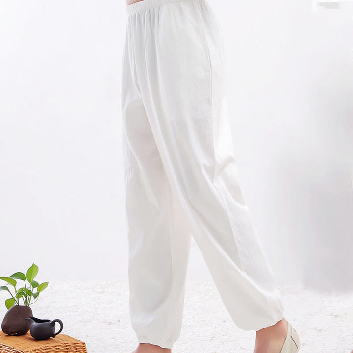 Pantalones unisex de verano de color liso con cintura elástica para practicar Tai Chi Qigong, con bolsillos y estampado Buddha Stones. - image 4