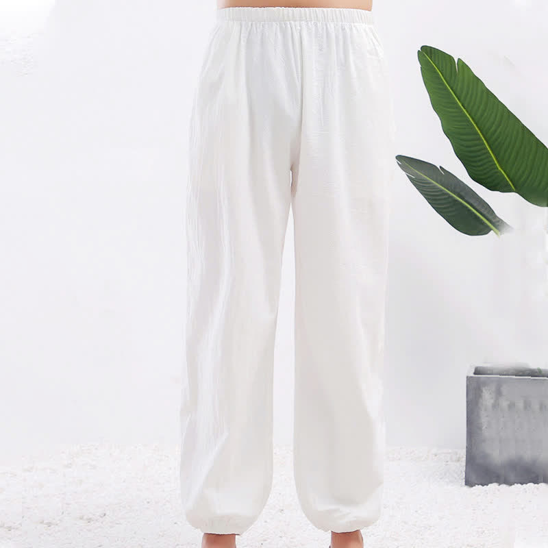Pantalones unisex de verano de color liso con cintura elástica para practicar Tai Chi Qigong, con bolsillos y estampado Buddha Stones. - Mujer blanca - US8-10，UK/AU12-14，EU40-42 (2XL) - image 3