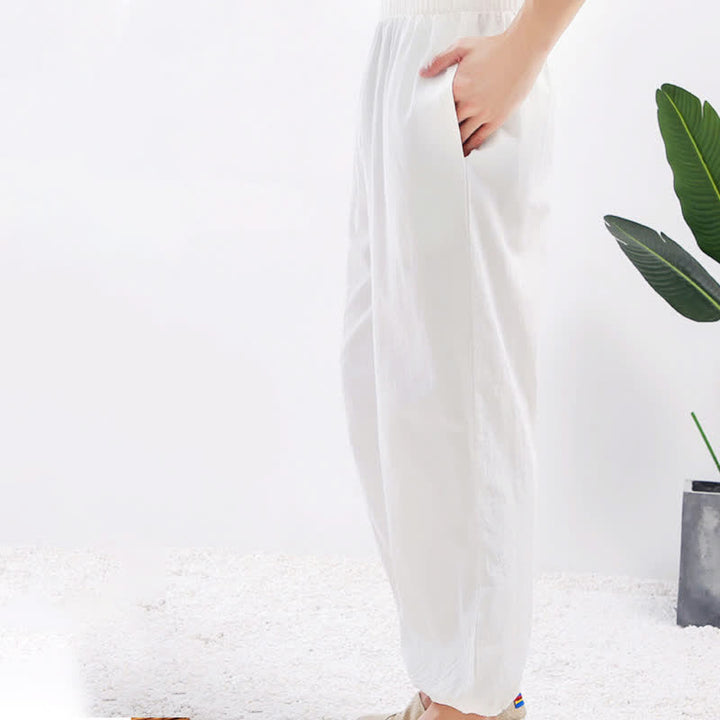 Pantalones unisex de verano de color liso con cintura elástica para practicar Tai Chi Qigong, con bolsillos y estampado Buddha Stones. - image 5