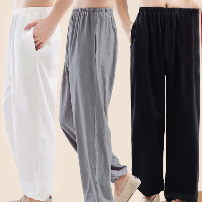 Pantalones unisex de verano de color liso con cintura elástica para practicar Tai Chi Qigong, con bolsillos y estampado Buddha Stones. - image 13