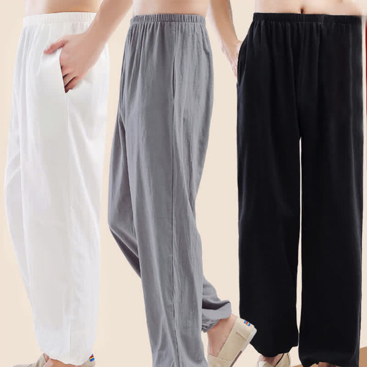 Pantalones unisex de verano de color liso con cintura elástica para practicar Tai Chi Qigong, con bolsillos y estampado Buddha Stones. - image 13