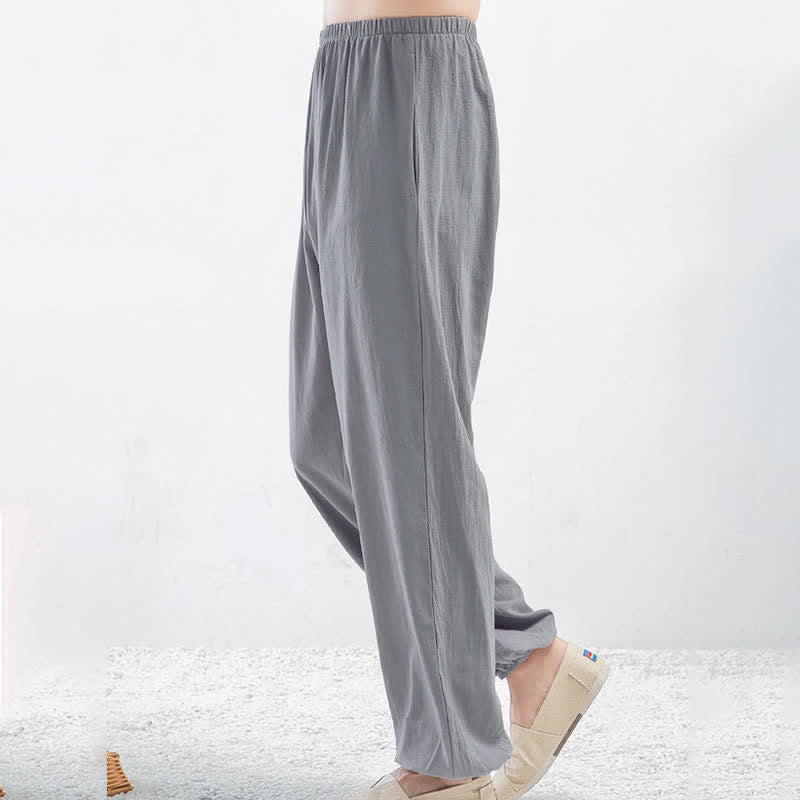 Pantalones unisex de verano de color liso con cintura elástica para practicar Tai Chi Qigong, con bolsillos y estampado Buddha Stones. - image 1