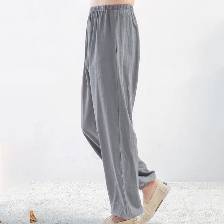 Pantalones unisex de verano de color liso con cintura elástica para practicar Tai Chi Qigong, con bolsillos y estampado Buddha Stones. - image 1