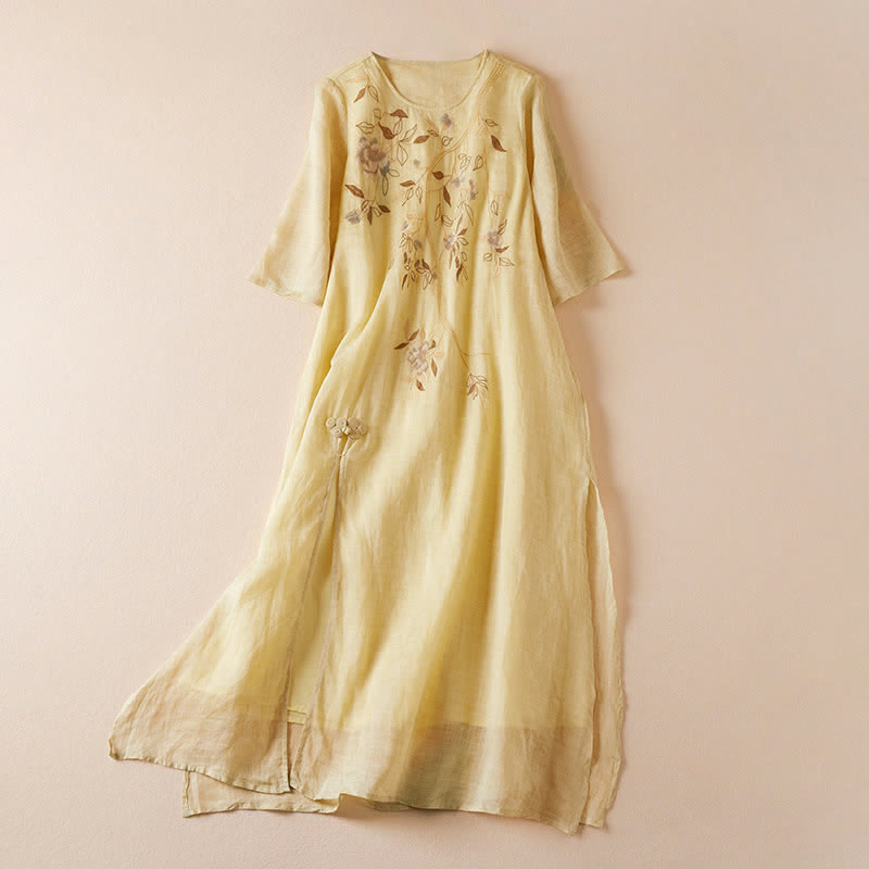 Vestido midi de fibra con cuello redondo y manga corta, bordado con hojas y Buddha Stones. - Caqui - US8-10，UK/AU12-14，EU40-42 (2XL) - image 0