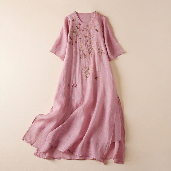 Vestido midi de fibra con cuello redondo y manga corta, bordado con hojas y Buddha Stones. - Rosa - US8-10，UK/AU12-14，EU40-42 (2XL) - image 14
