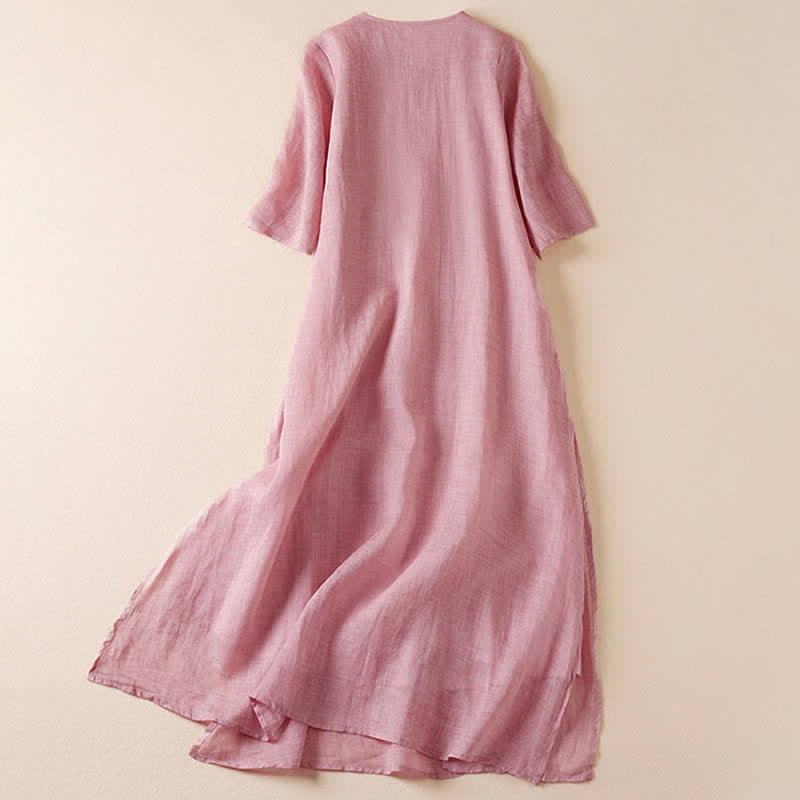 Vestido midi de fibra con cuello redondo y manga corta, bordado con hojas y Buddha Stones. - image 15