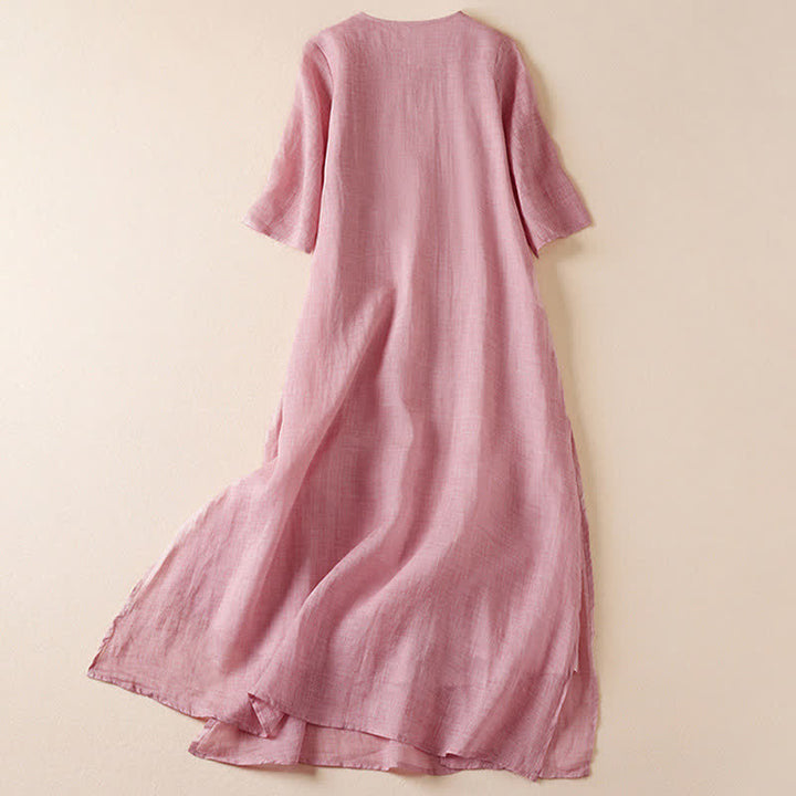 Vestido midi de fibra con cuello redondo y manga corta, bordado con hojas y Buddha Stones. - image 15