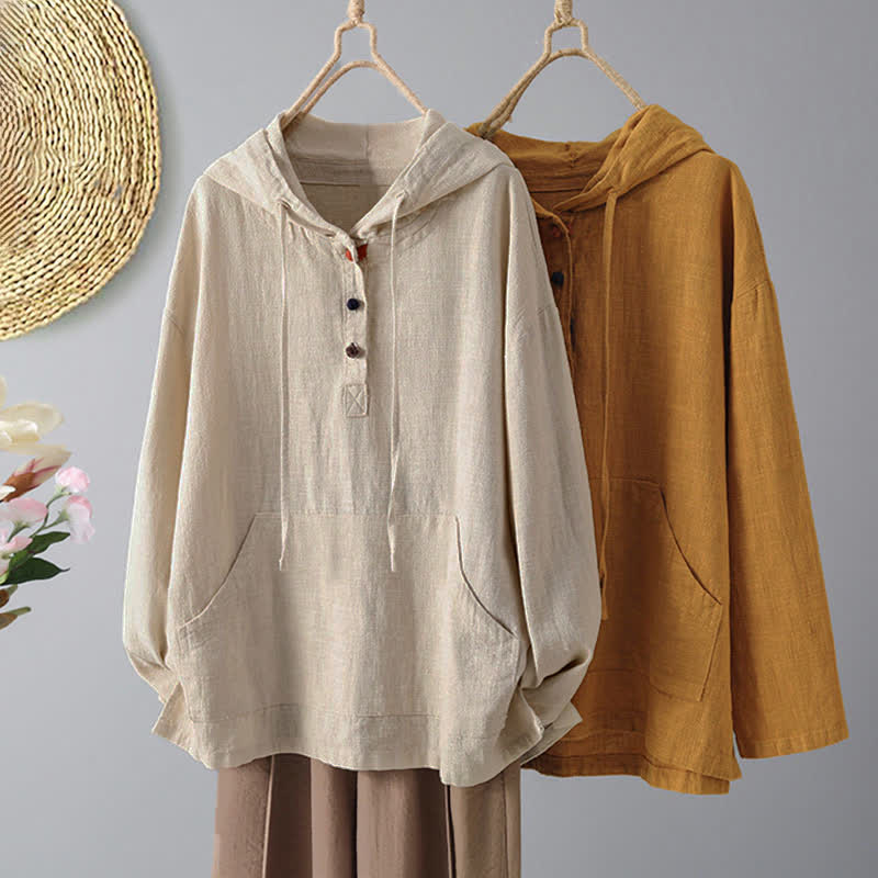 Sudadera con capucha de manga larga y bolsillos para mujer con diseño liso de botones de Buddha Stones - image 12