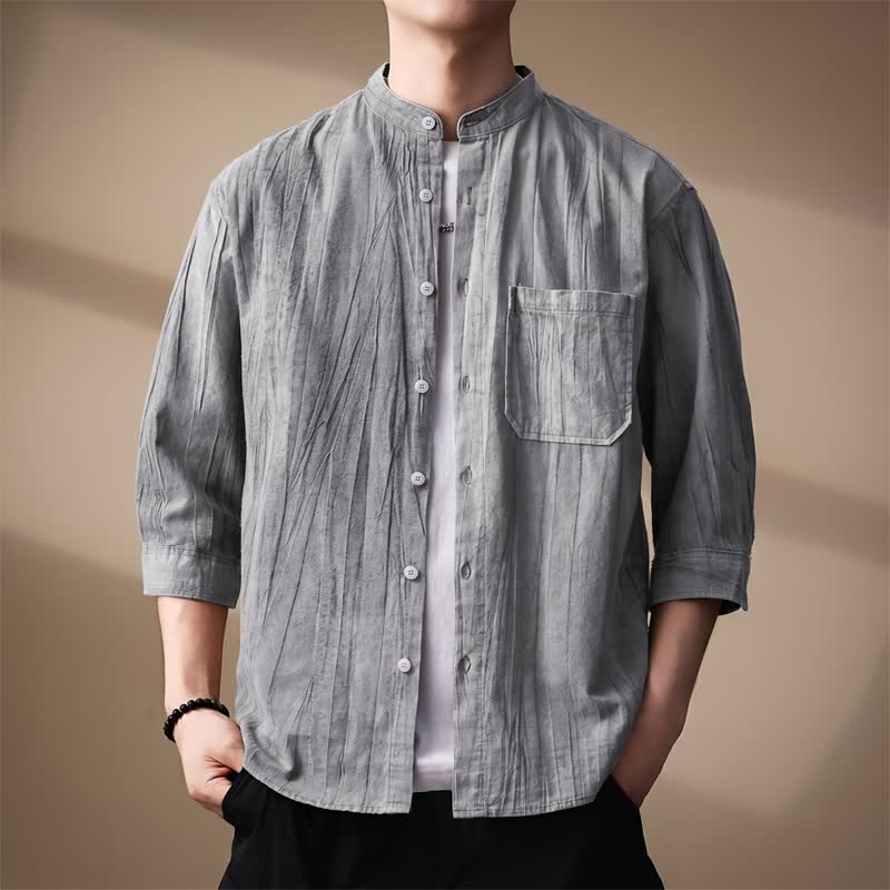 Buddha Stones Camisas de manga larga para hombre de algodón liso con cuello mandarín, estilo casual de primavera/verano, con bolsillo de parche. - Gris - US/UK/AU44, EU54 (4XL) - image 9