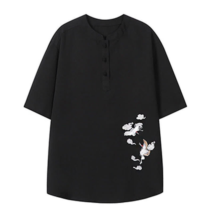 Buddha Stones Camisas de manga corta para hombre estilo Tang, informales, con cuello mandarín y bordado de grulla, ideales para el verano. - image 15